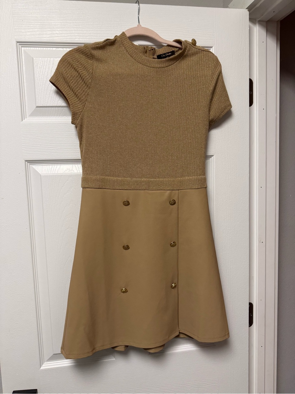 City Studio Gold and Tan Short-Sleeve A-Line Dress